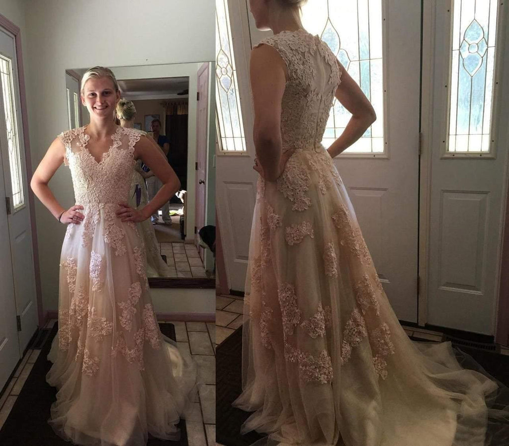 Robe de mariée longue sans manches à col en V de haute qualité avec dentelle WD015
