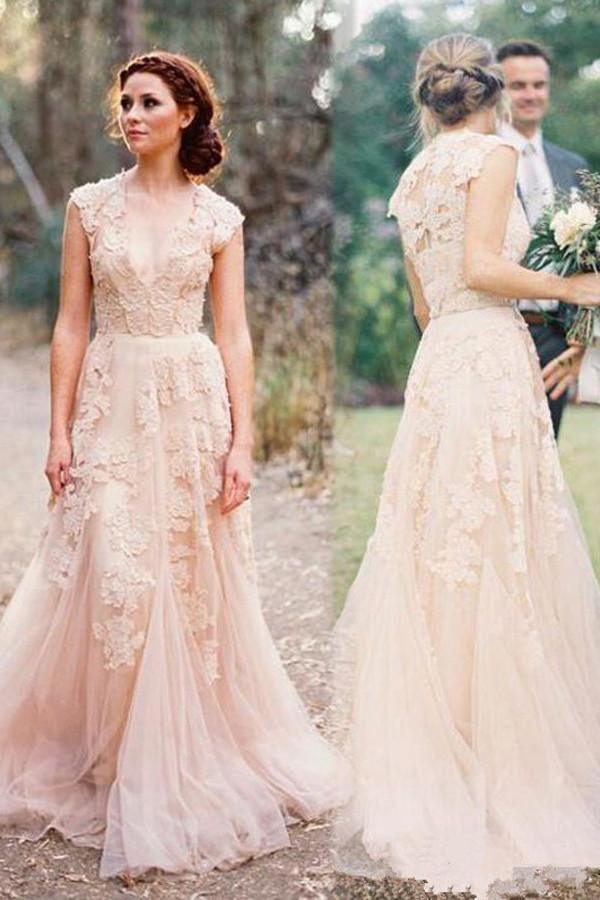 Robe de mariée longue sans manches à col en V de haute qualité avec dentelle WD015