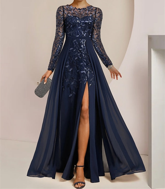 Vestidos de corte princesa/línea A para la madre de la novia, largos hasta el suelo, con abertura lateral, volantes y lentejuelas. 