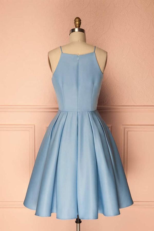 Vestido de fiesta azul sin mangas con cuello halter, vestido corto de graduación, vestido de fiesta PD369