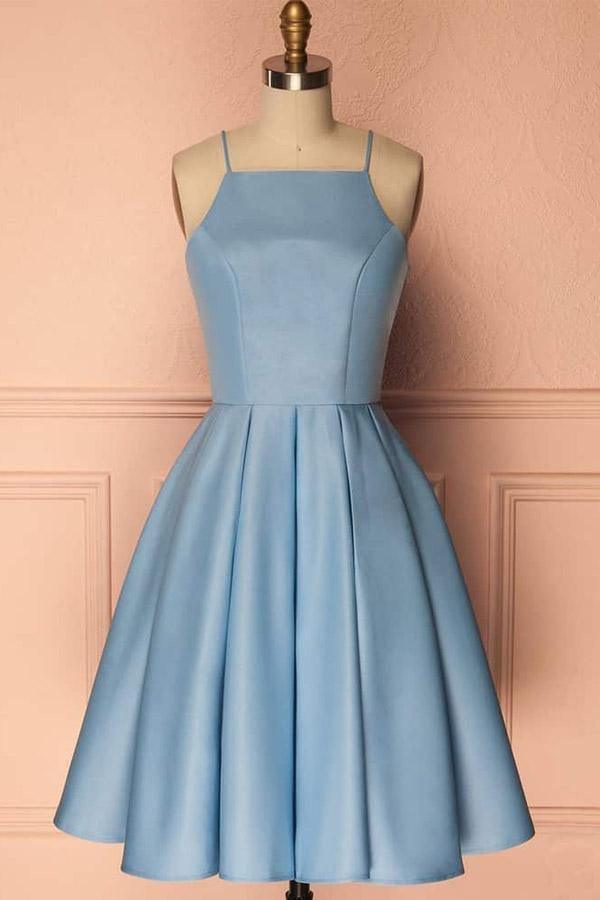Vestido de fiesta azul sin mangas con cuello halter, vestido corto de graduación, vestido de fiesta PD369