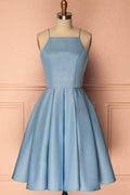 Vestido de fiesta azul sin mangas con cuello halter, vestido corto de graduación, vestido de fiesta PD369