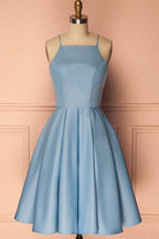 Vestido de fiesta azul sin mangas con cuello halter, vestido corto de graduación, vestido de fiesta PD369