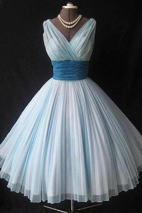 Vestido de fiesta corto de gasa estilo vintage azul y rosa PD353