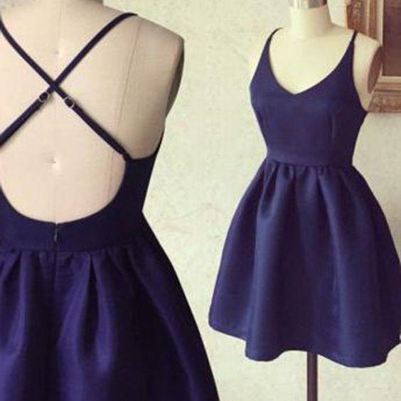 Robe de bal courte bleu marine à bretelles croisées PD370