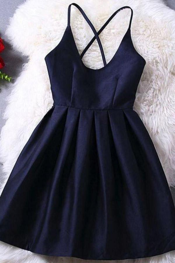 Robe de bal courte bleu marine à bretelles croisées PD370