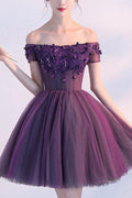 Robe de bal de fin d'année violette à épaules dénudées, courte, PD354