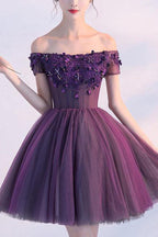 Robe de bal de fin d'année violette à épaules dénudées, courte, PD354