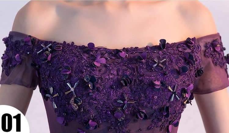 Robe de bal de fin d'année violette à épaules dénudées, courte, PD354