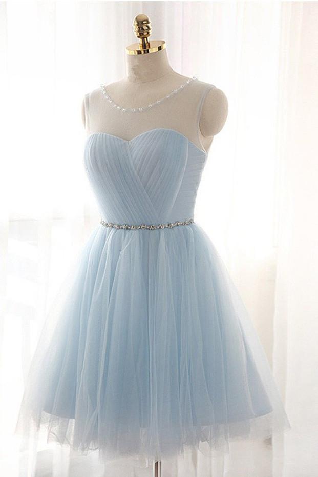 Vestidos cortos de tul azul claro encantadores para baile de graduación, vestidos de corte A para fiesta de bienvenida 