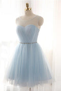 Vestidos cortos de tul azul claro encantadores para baile de graduación, vestidos de corte A para fiesta de bienvenida 