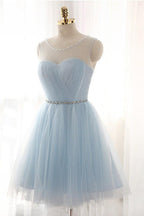 Vestidos cortos de tul azul claro encantadores para baile de graduación, vestidos de corte A para fiesta de bienvenida 