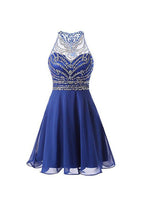 Vestidos cortos de fiesta de graduación, de gasa azul con cuentas y corte en A, vestidos de baile de graduación. 