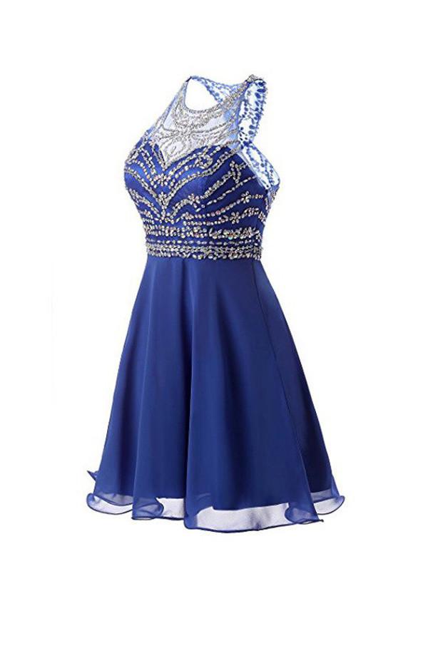 Vestidos cortos de fiesta de graduación, de gasa azul con cuentas y corte en A, vestidos de baile de graduación. 
