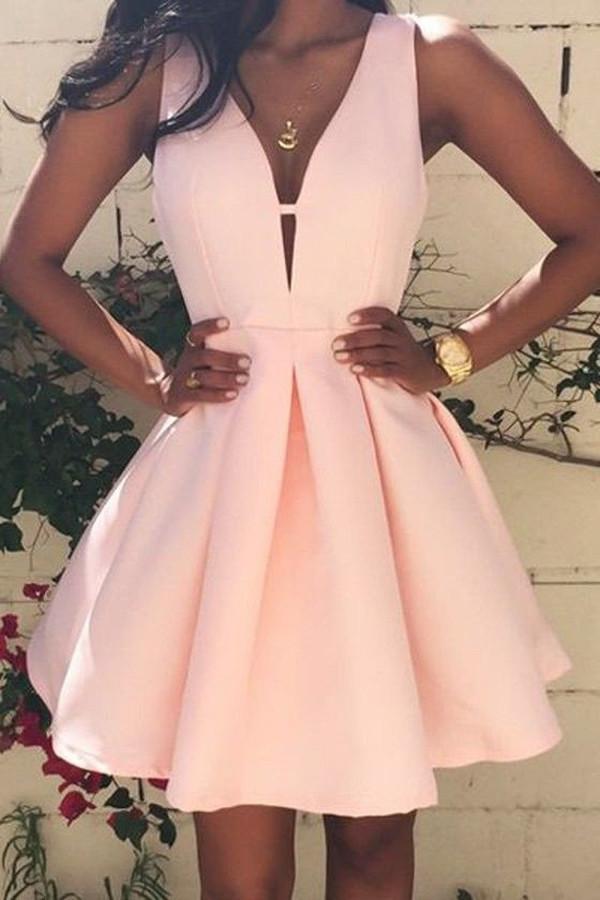 Robe de bal courte rose simple en satin, coupe trapèze et col en V, robe de soirée courte 