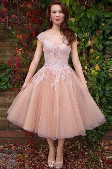 Vestidos cortos de graduación con mangas casquillo y corte en A, vestidos de encaje para baile de bienvenida en línea 