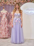 Vestido de fiesta de bienvenida de tul sin tirantes, corte en A, con flores 3D
