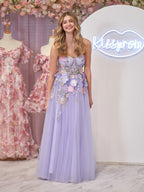 Vestido de fiesta de bienvenida de tul sin tirantes, corte en A, con flores 3D