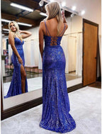 Mermaid Trumpet Prom Dresses Sparkle Shine Dress Formal Wedding Party Sweep Brush Train Sleeveless V Neck Sequined Backless with Glitter Sequin