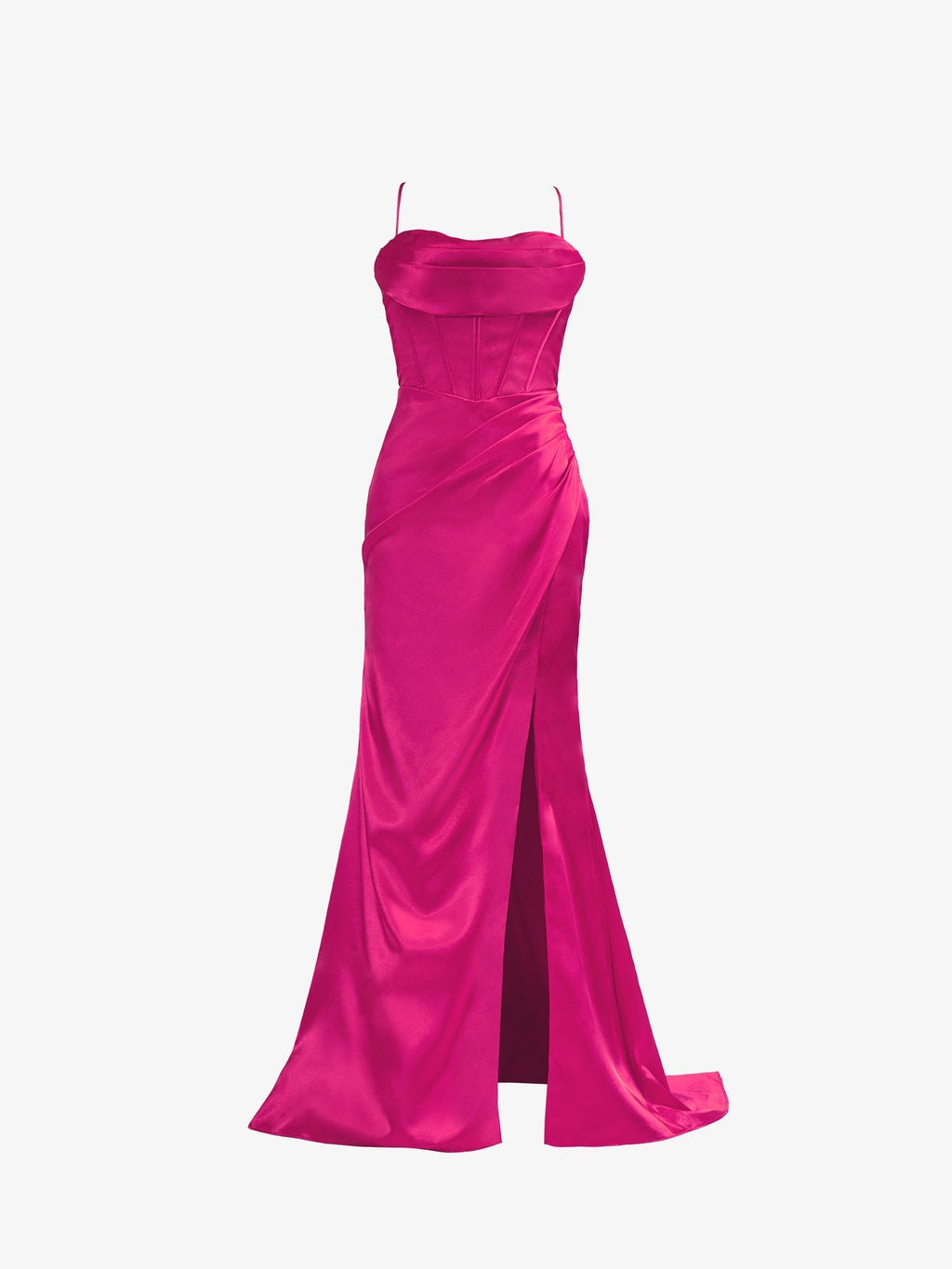 Vestido de fiesta sirena de satén rosa fucsia con tirantes finos y abertura