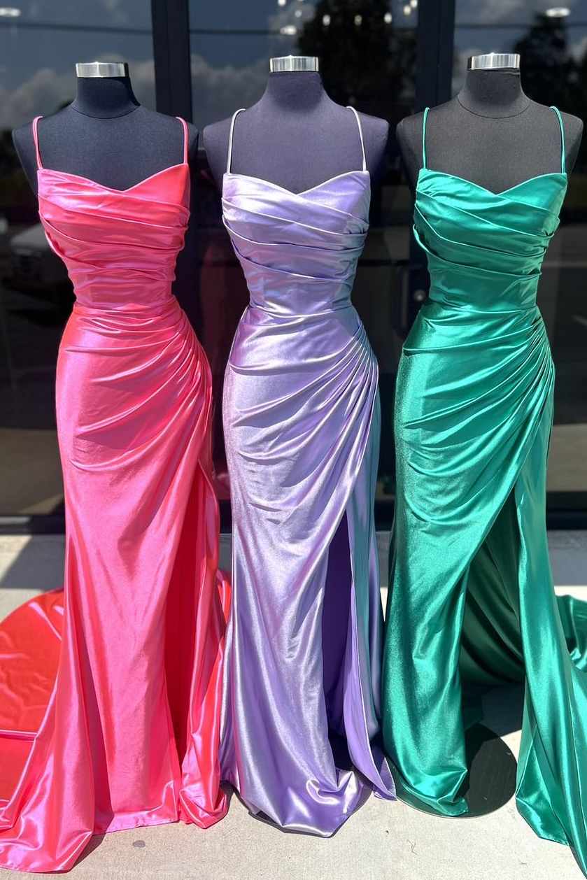 Hudson | Vestidos de fiesta de sirena fucsia con tirantes finos y abertura en satén