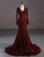 Mermaid / Trumpet Evening Gown Sparkle & Shine Dress Carnival Formal Court Train Long Sleeve V Neck African American Lace with Sequin