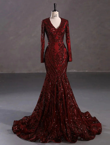 Vestido de noche corte sirena/trompeta, brillante y reluciente, ideal para carnaval, eventos formales, con cola, manga larga, escote en V, encaje afroamericano con lentejuelas.