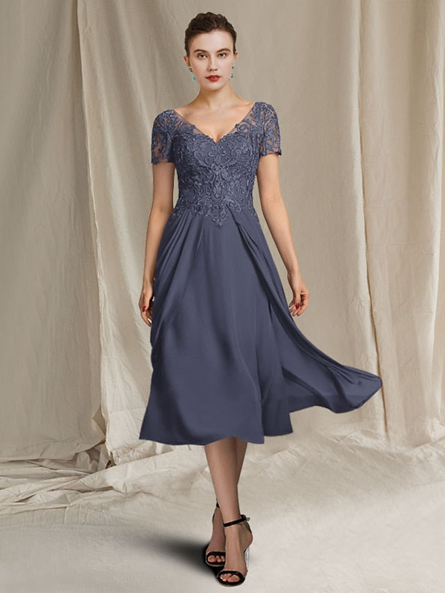Vestidos de corte princesa/línea A con escote en V y largo midi para la madre de la novia 