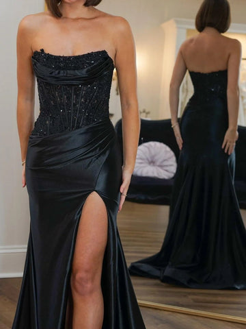 Idra | Vestido de gala sin tirantes con apliques de cuentas verde esmeralda y abertura