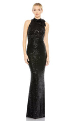 Sequin Bow Accent Halter Gown