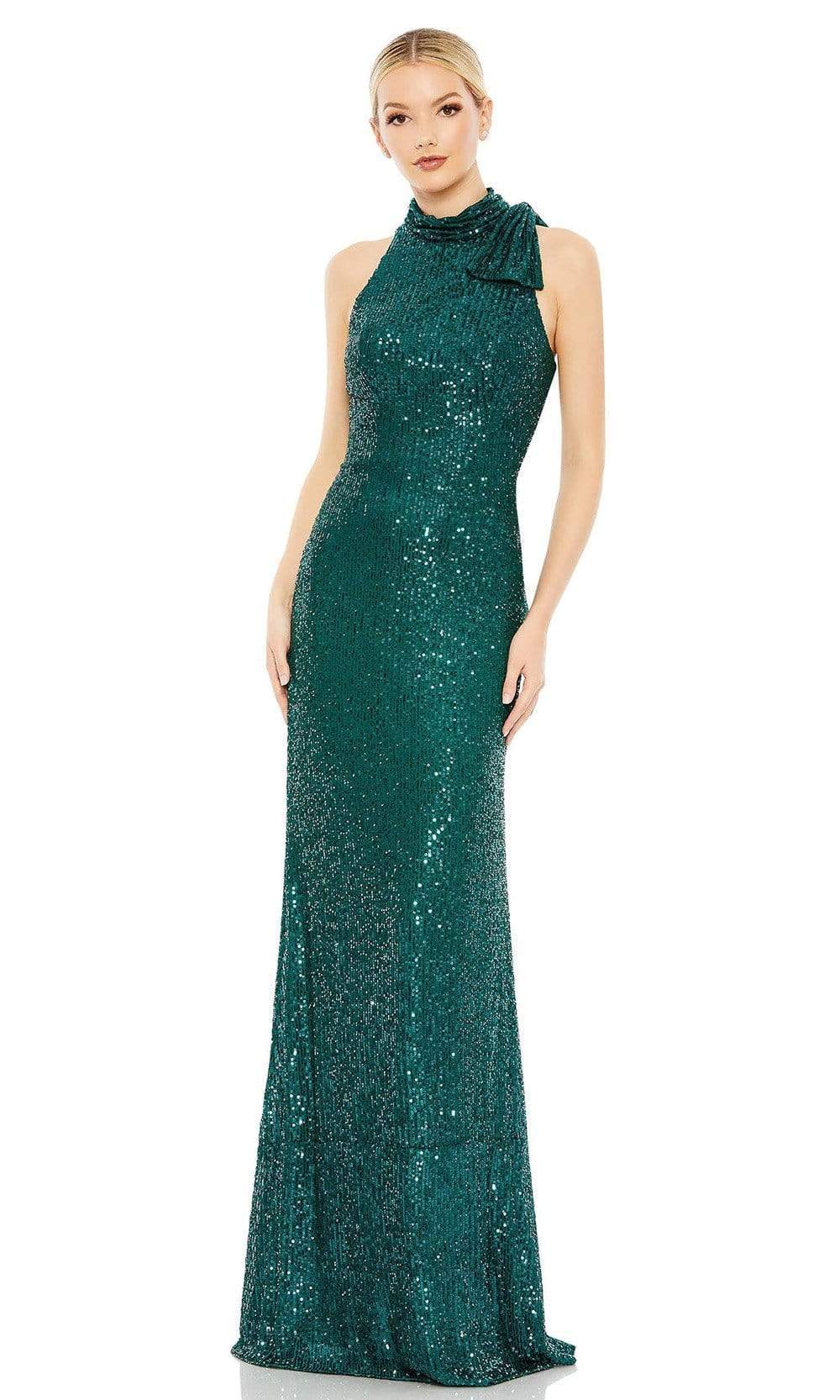 Sequin Bow Accent Halter Gown