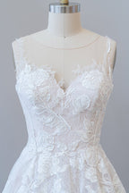 Robe de mariée trapèze en tulle à appliques illusion 