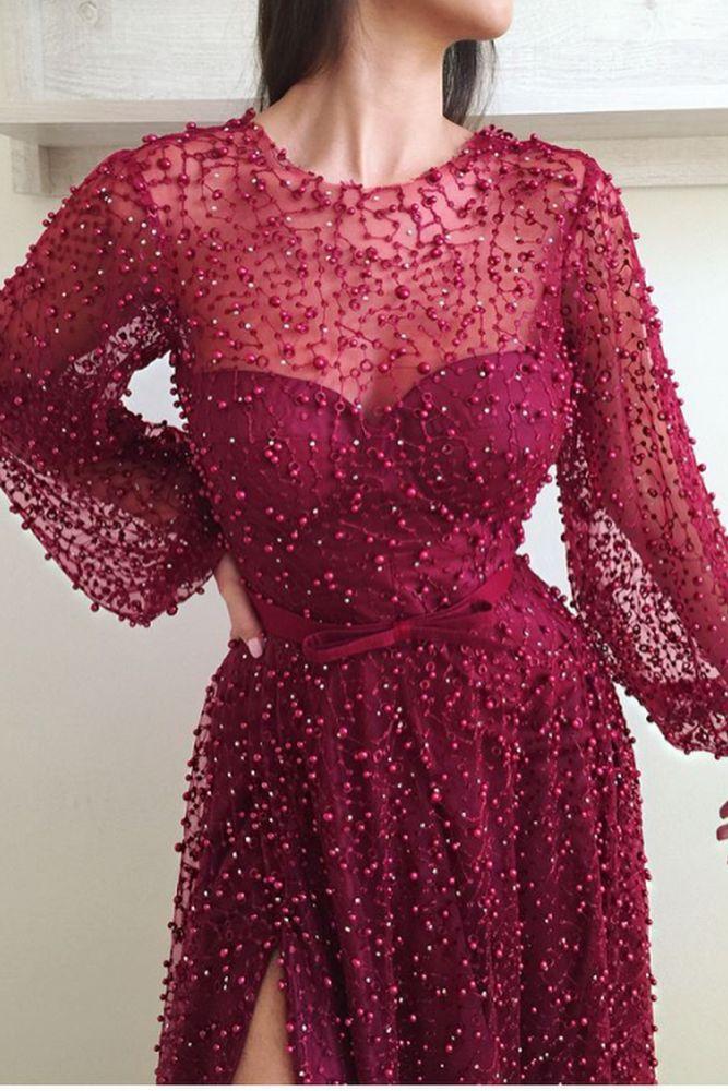Illusion neck Scarlet Long Sleeves Split Evening Dresses Flare sleeves Princess Beadings Prom Dresses with Bow
