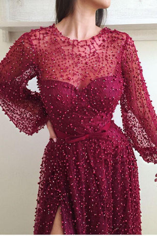 Illusion neck Scarlet Long Sleeves Split Evening Dresses Flare sleeves Princess Beadings Prom Dresses with Bow