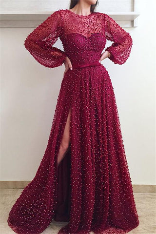 Illusion neck Scarlet Long Sleeves Split Evening Dresses Flare sleeves Princess Beadings Prom Dresses with Bow