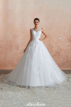 Robe de mariée blanche sans manches à col illusion et applications de dentelle, disponible en ligne