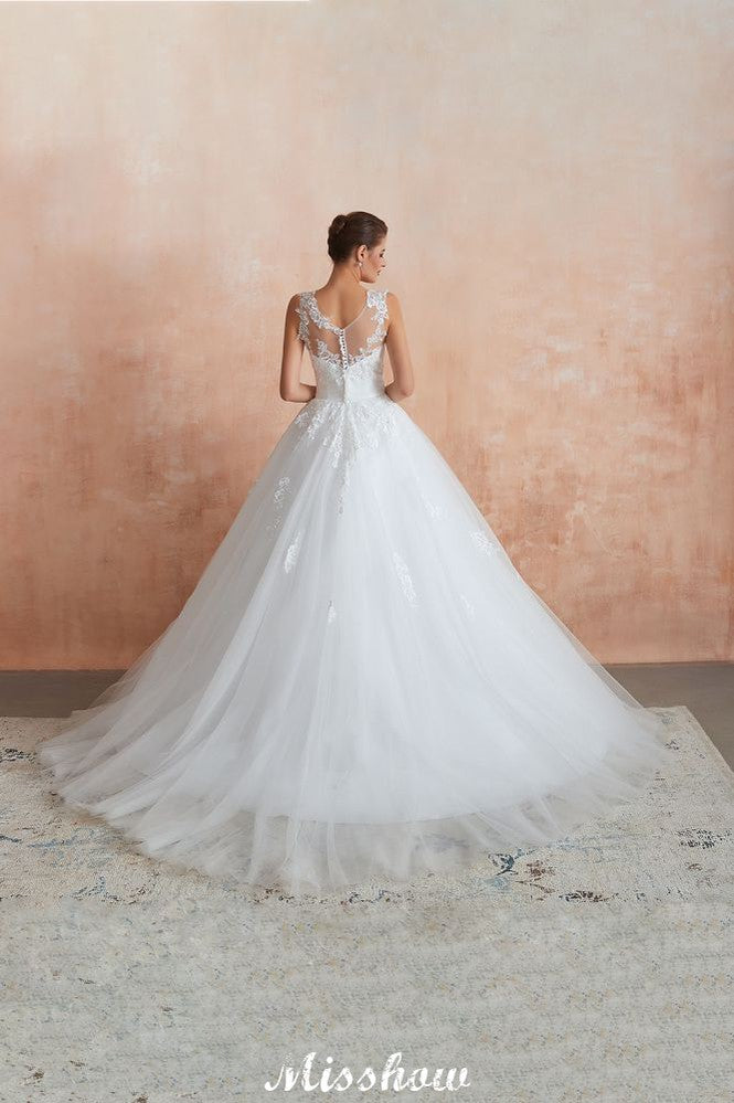 Robe de mariée blanche sans manches à col illusion et applications de dentelle, disponible en ligne