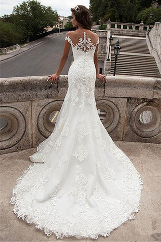 Vestidos de novia largos de sirena con encaje y escote ilusión WD131