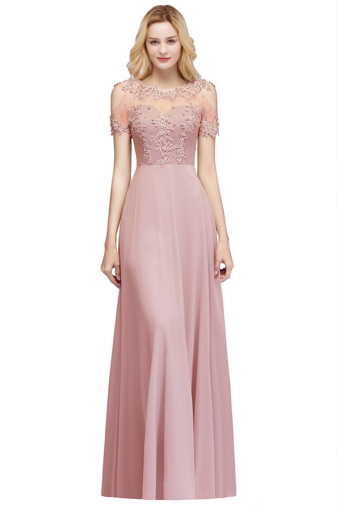 Vestidos de fiesta largos de gasa con apliques y escote ilusión