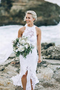 Robe de mariée à encolure illusion, fente et traîne balayée, dos nu, modèle WD471
