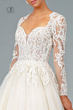 Illusion V-Neck Embroidered Mesh Long Wedding Gown