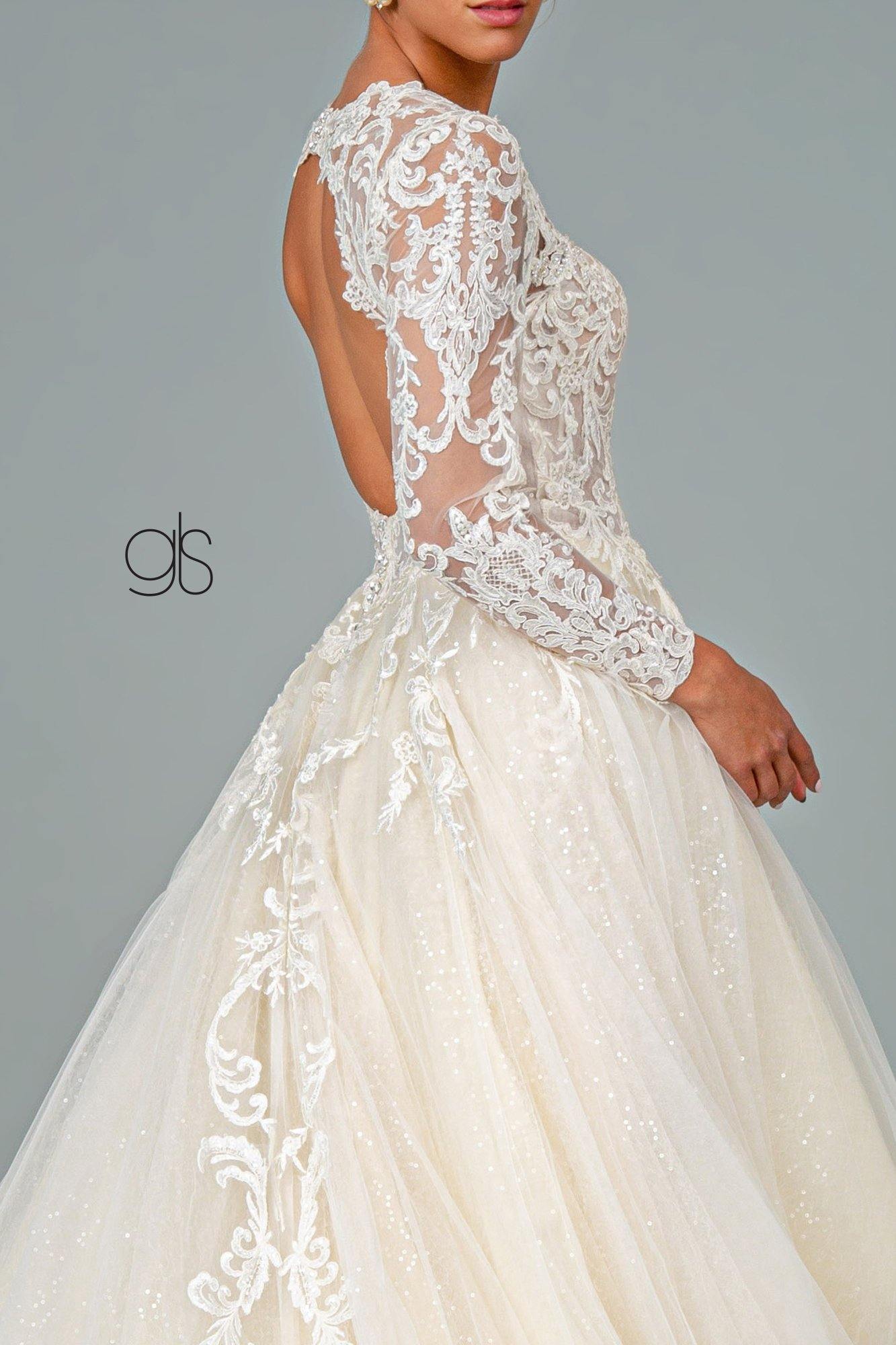 Illusion V-Neck Embroidered Mesh Long Wedding Gown