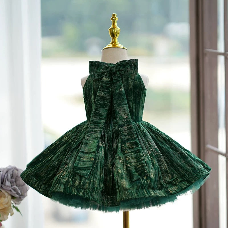 Vestido de terciopelo verde hasta la rodilla para bebé niña, ideal para cumpleaños o fiestas. 