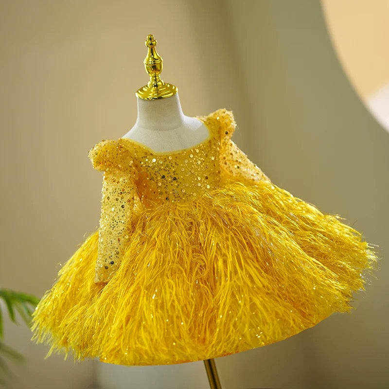 Vestido largo de lentejuelas amarillas para bebé niña, de manga larga y hasta la rodilla 
