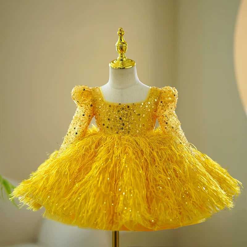 Vestido largo de lentejuelas amarillas para bebé niña, de manga larga y hasta la rodilla 