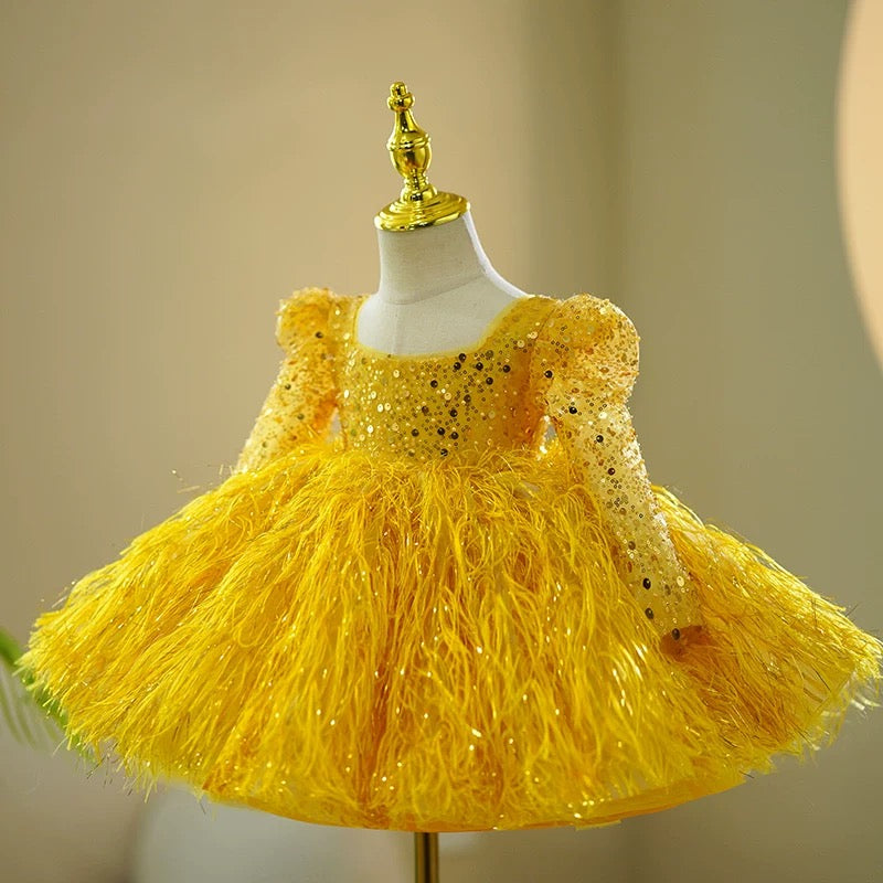Vestido largo de lentejuelas amarillas para bebé niña, de manga larga y hasta la rodilla 