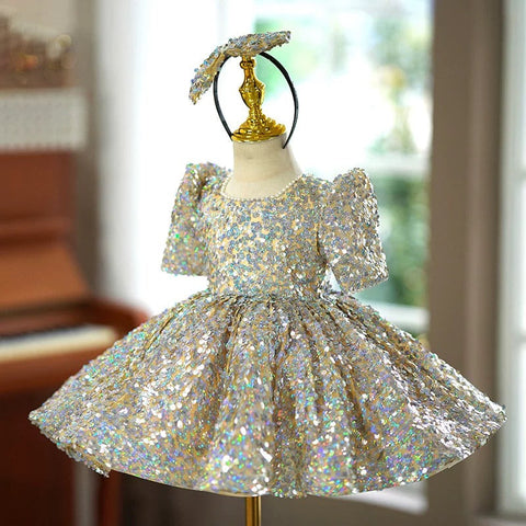 Vestido de bebé niña con lentejuelas, manga corta y largo hasta la rodilla 