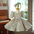 Vestido de bebé niña con lentejuelas, manga corta y largo hasta la rodilla 