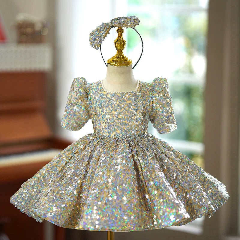Vestido de bebé niña con lentejuelas, manga corta y largo hasta la rodilla 