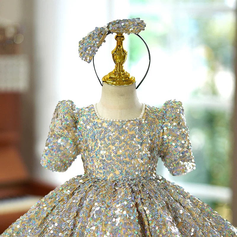 Vestido de bebé niña con lentejuelas, manga corta y largo hasta la rodilla 